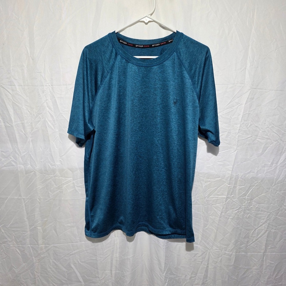Spyder Swim Mens Rash Guard Shirt Teal Blue Heather Short Sleeve L Large